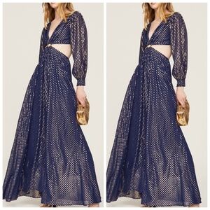 DELFI Collective Cerise Gown Blue Polka Dot Silk Metallic Gold Cut Out - Small